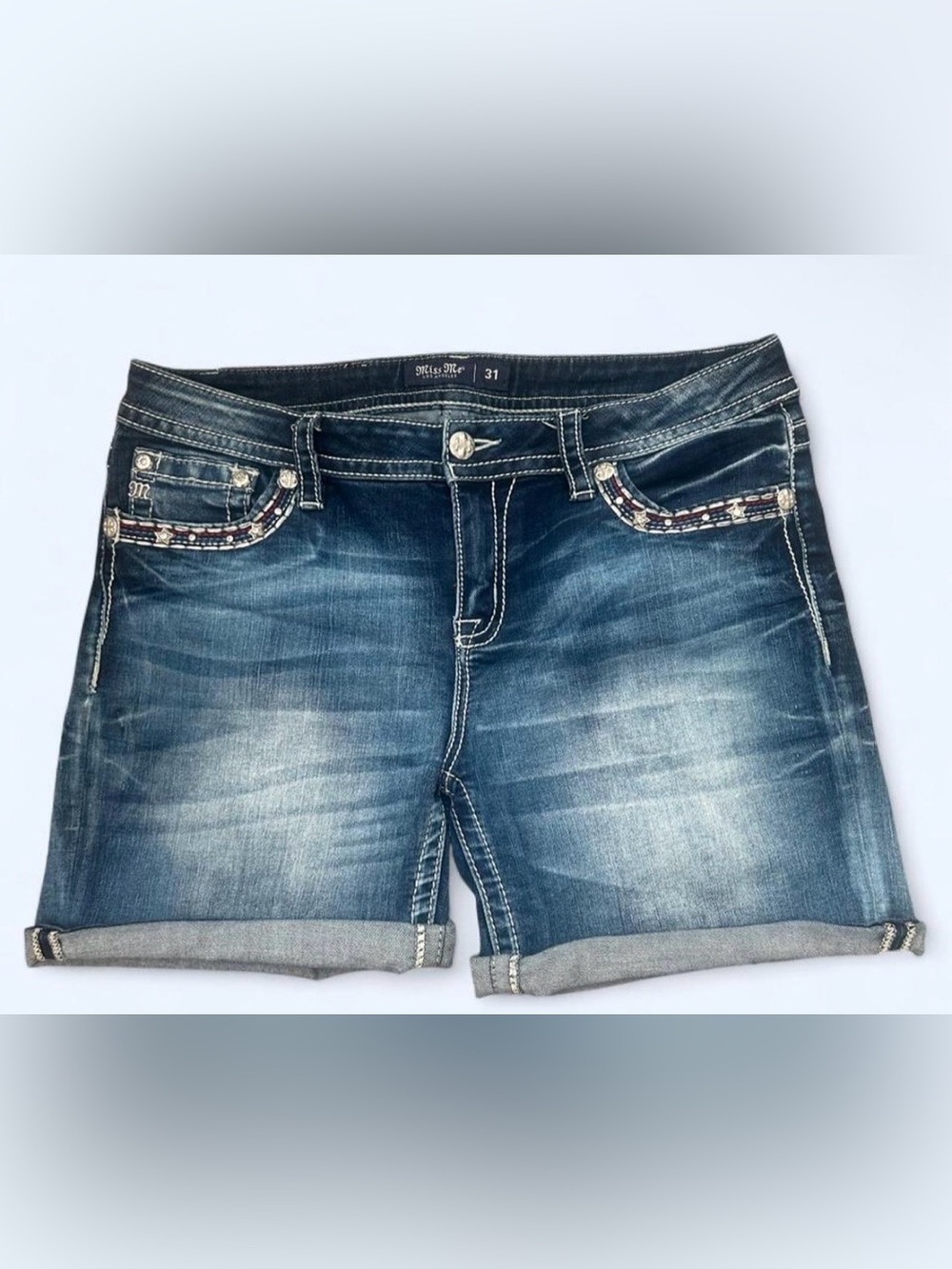 Miss Me Dark Blue Distressed Rolled-Hem Jean Shorts